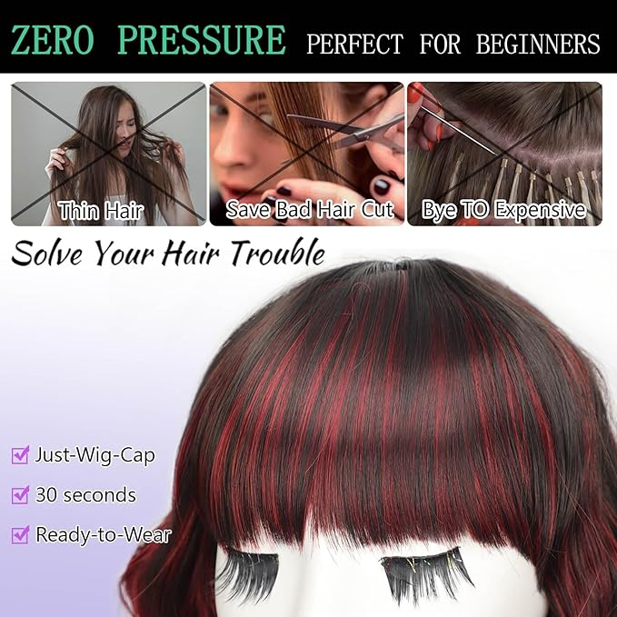 AISI HAIR Synthetic Wavy Curly Bob Wig with Bangs Brown Mix Wine Red Short Hair for Women Synthetic Heat Resistant Bob Wigs
