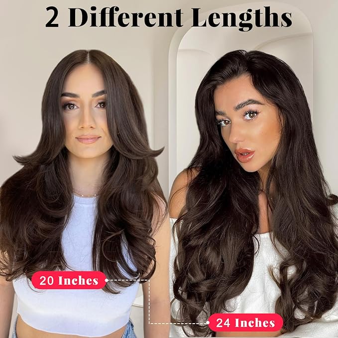 ALXNAN Long Wavy Layered Hair Extensions for Women, Clip in Hair Extensions Clip Ins Soft Full Head Synthetic Hairpieces 16 Inch Dark Brown