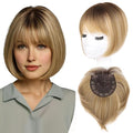 LEEONS Hair Toppers for Women with Bangs Short Bob Synthetic Pieces for Thinning Hair Side Part (Dark Blonde with Dark Root)