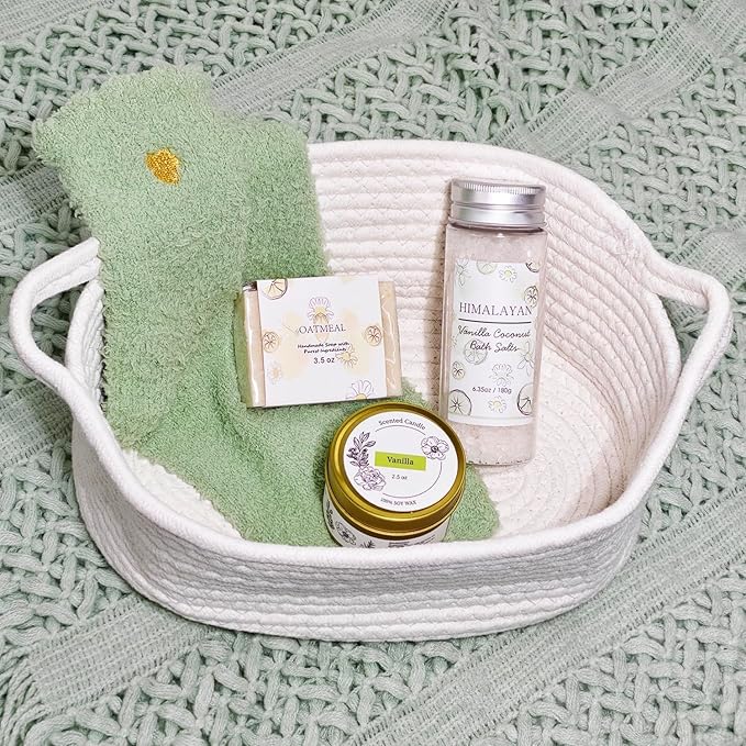 8 Pcs Gift Baskets for Women, Birthday, Self Care, Thank You, Get Well Soon, Unique Spa Gifts Set for Mom, Her, Sister, Wife, Friends, Christmas, Small Woven Basket with Gift Bags (Sage Green)