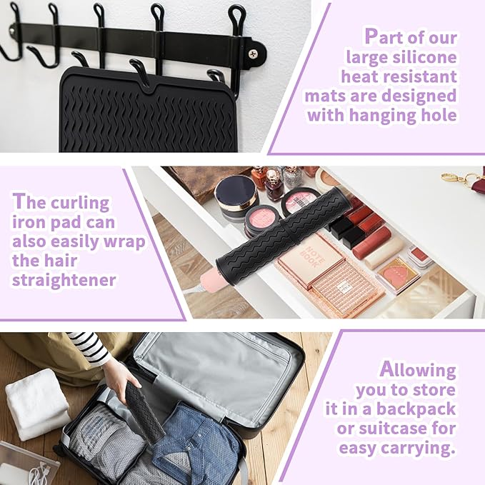 Oversize Silicone Heat Resistant Mat, Heat Mat with Velcro for Curling Iron, Travel Cover Cushion for Curling Irons, Hair Bands and Styling Tools(15.7" X 11.8") (Black)