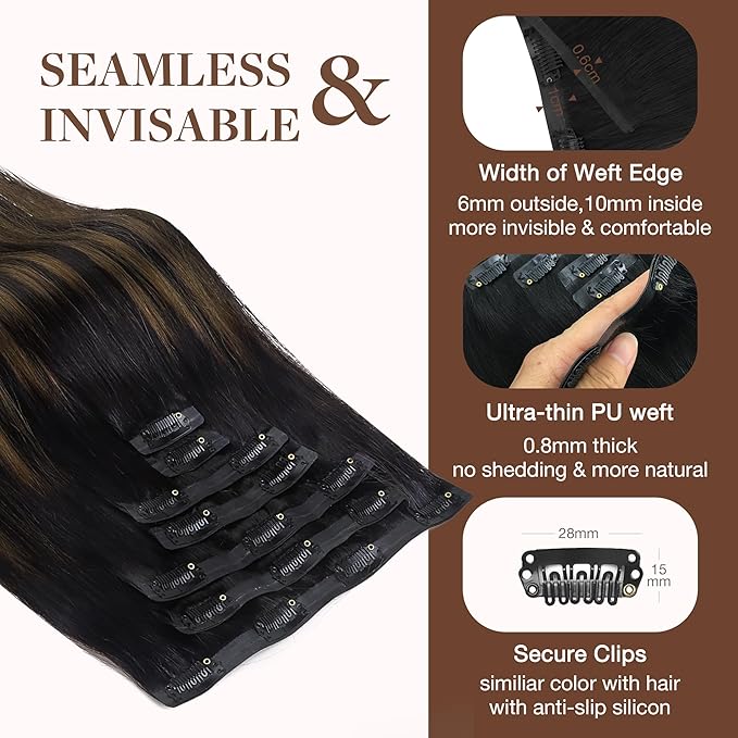 GOO GOO Clip in Hair Extensions Real Human Hair, Remy Human Hair Extensions Clip ins for Women, Natural Human Hair, 14inch 130g 9Pcs, 1B/6/1B Balayage Natural Black to Chestnut Brown