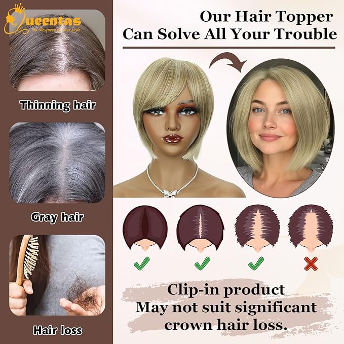 QUEENTAS Blonde Hair Topper for Women with Thinning Hair Pieces 6"*6"Large Coverage 360°3D Cover Silver Synthetic Short Bob with 5 Clips in Wiglets(Blonde Mixed Brown)