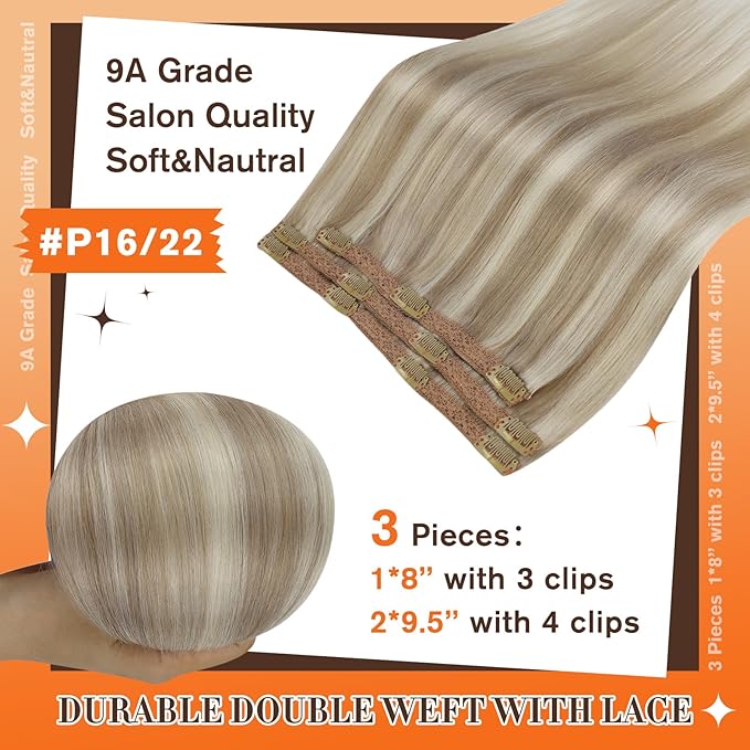 Full Shine Blonde Extensions Clip in 20 Inch Golden Blonde Highlights Medium Blonde Real Human Hair Clip in Straight Hair Clip Ins Lace Weft for Long Hair 3 PCS 60 G