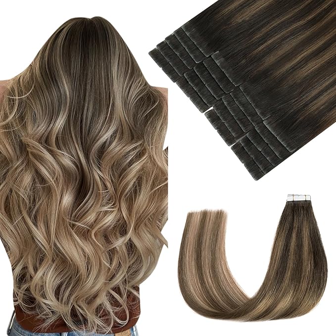 Pinkpearl Invisible Tape in Hair Extensions Human Hair, 20pcs 18inch 50g #2/6/18 Balayage Dark Brown to Chestnut Brown and Ash Blonde Injection Tape in Extensions Real Remy Human Hair Injected