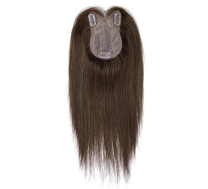 8x11cm Breathable Hair Topper, 12 inches 35g 120% Density Real Human Hair, 3 Non-Slip BB Clips, Wearable on Left, Right & Middle Part, Versatile Styling for Hair Loss & Volume Boost (Brown)