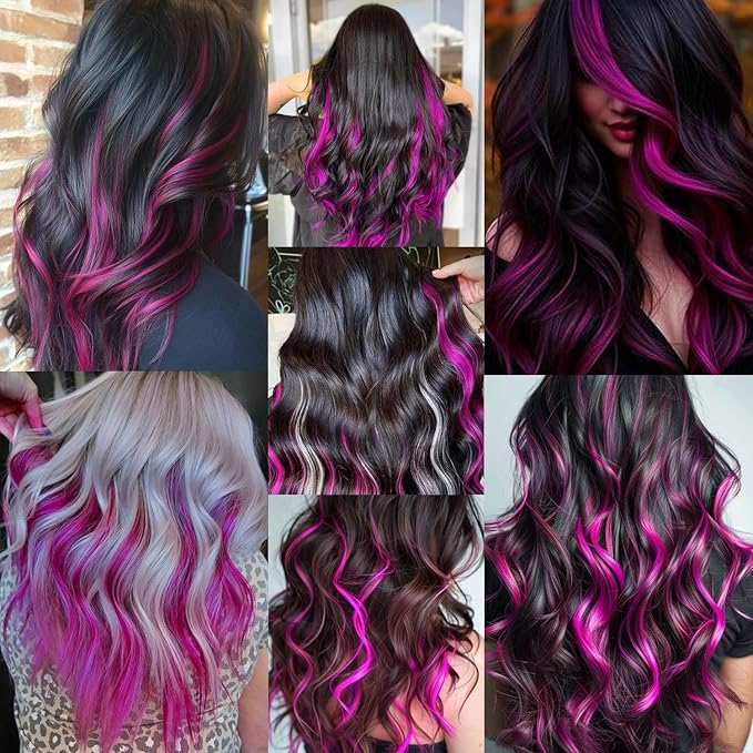 16 Pcs Colored Hair Extensions Curly Wavy Clip in Synthetic Hair Extensions,Colorful Party Highlights Hairpiece Streak for Girls Women Kids Cosplay Party Gift(Rose Purple)