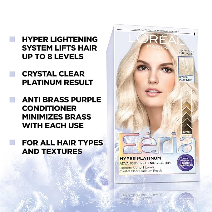 L’Oreal Paris Feria Hyper Platinum Hair Bleach, Lifts Up To 8 Levels, Includes Anti Brass Purple Conditioner, Hyper Platinum Blonde Hair Dye Kit, Pack of 2