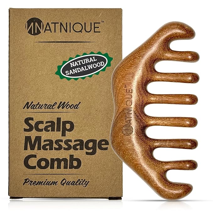 Natnique Wooden Scalp Massager – Handmade Natural Sandalwood Wide Tooth Hair & Beard Comb with Storage Bag – Anti-Static Grooming Tool for Scalp Massage, Detangling, and Daily Care