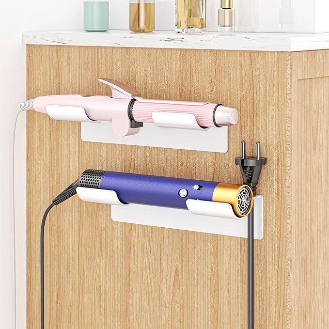 2 PCS Wall Mount Curling Iron Holder and Hair Tool Organizer with Adhesive, Multifunctional Hot Flat Iron and Hair Straightener Holder Storage Stand for Vanity, Cabinet and Wall, White