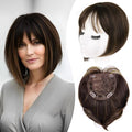 LEEONS Hair Toppers for Women with Bangs Short Bob Synthetic Pieces for Thinning Hair Side Part (Dark Brown with Highlights)