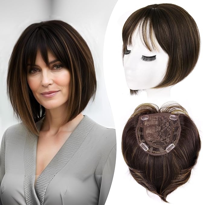 LEEONS Hair Toppers for Women with Bangs Short Bob Synthetic Pieces for Thinning Hair Side Part (Dark Brown with Highlights)