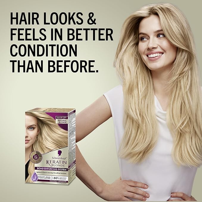 Schwarzkopf Keratin Blonde Hair Dye, 11 High Lift Natural Blonde, Professional Quality Permanent Hair Color, Bond Enforcing System, Pre-Color Serum & Purple Conditioner Included