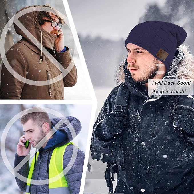 Wireless Music Hat Beanie for Men Women Wireless Headset Headphones Music Audio Boys Girls Winter Cap with Speaker Mic Hands Free Outdoor Sport Stereo Earphone Earpieces Navy Blue