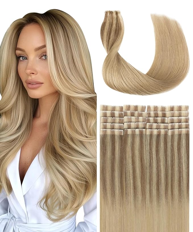 SURNEL Injected Tape in Hair Extensions Golden Brown to Caramel Blonde Seamless Tape in Real Human Hair Invisible Extensions 16Inch 20pcs/pack 35g(#102727,16)