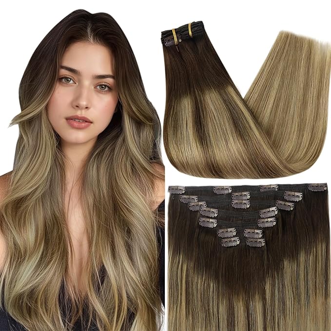 Full Shine Dark Brown Balayage Clip in Extensions Real Human Hair 18 Inch Clip on Hair Extensions for Women Balayage Dark Brown Ombre Honey Blonde 7 Pcs 120 G