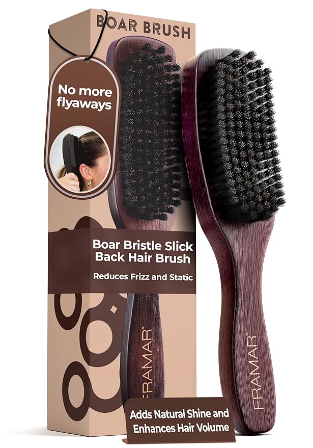 FRAMAR Slick Back Hair Brush Boar Bristles – Slick Back Brush, Smoothing Hair Brush For Women, Boar Bristle Hair Brush For Fine Hair, Slickback Brush For Volume and Shine - Brown Velvet