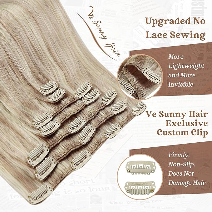Ve Sunny Blonde Clip in Hair Extensions Real Human Hair for Women Highlight Hair Extensions Clip in Remy Human Hair Full Head Warm Color 7pcs 120g 22inch