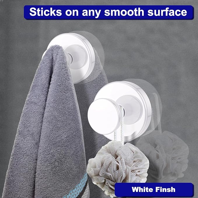 Suction Cup Hooks for Shower, Removable Towel Hooks for Bathroom Window Glass Door Wall, Bath Robe Looafh Hook for Hanging - 2 Pack, White