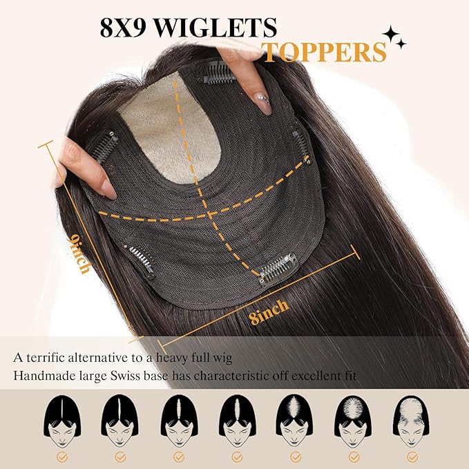 YAMI Hair Toppers for Women Real Human Hair 100% Real Human Hair Toppers for Women with Bangs 15 Inch Hair Pieces with Hairloss (Dark Brown)