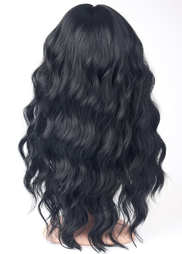 Black Wavy Wigs with Bangs for Women Glueless Black wigs Synthetic Long Black Wigs Natural Looking Heat Resistant for Daily Party Use 18 Inches