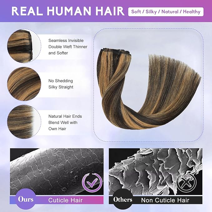 Clip in Hair Extensions Real Human Hair, 24 Inch 120g, 2/6 Dark Brown to Chestnut Brown, Invisible Seamless Remy Human Hair Clip in Extensions for Women 8pcs Per Set with Double Weft