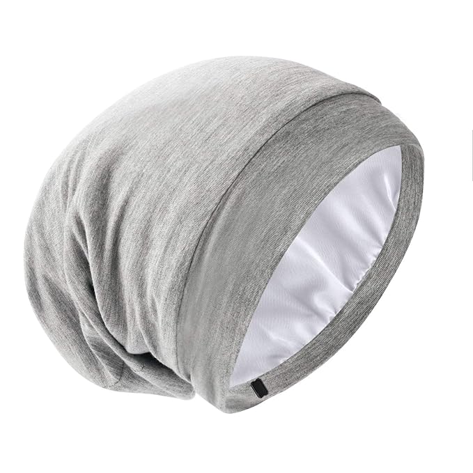 Silk Satin Lined Bonnet Sleep Cap - Adjustable Stay on All Night Hair Wrap Cover Slouchy Beanie for Curly Hair Protection for Women and Men - Solid Light Grey