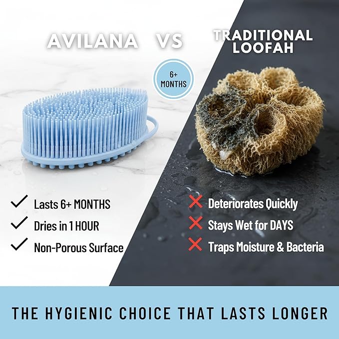 Silver Infused Silicone Body Scrubber Shower - Gentle Back Scrubber Soft Bristles - Avilana Premium Dual Sided Bath Brush Massage - Advanced Material Loofah Alternative - Gift Women Men