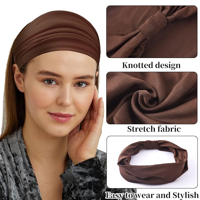 Yeshan Wide Headbands for Women No Slip African Boho Headband Solid Bandana Head bands Elastic Yoga Workout Sweat Bands Running Sport Turban Knotted Headwraps,Pack of 6