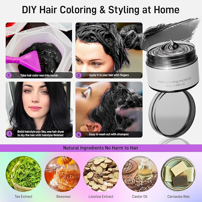 Black Temporary Hair Dye,Temporary Hair Color Wax,Natural Washable Hair Dye Temp Hair Color for Women Men Kids Party Cosplay Halloween