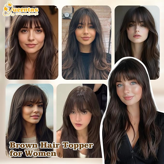 QUEENTAS 21" Curly Hair Topper for Women with Thinning Hair Daily Wear 360°3D Cover Up 6.5"*6" Fluffy Brown Body Wave Hair Pieces with Bangs(Dark Brown)