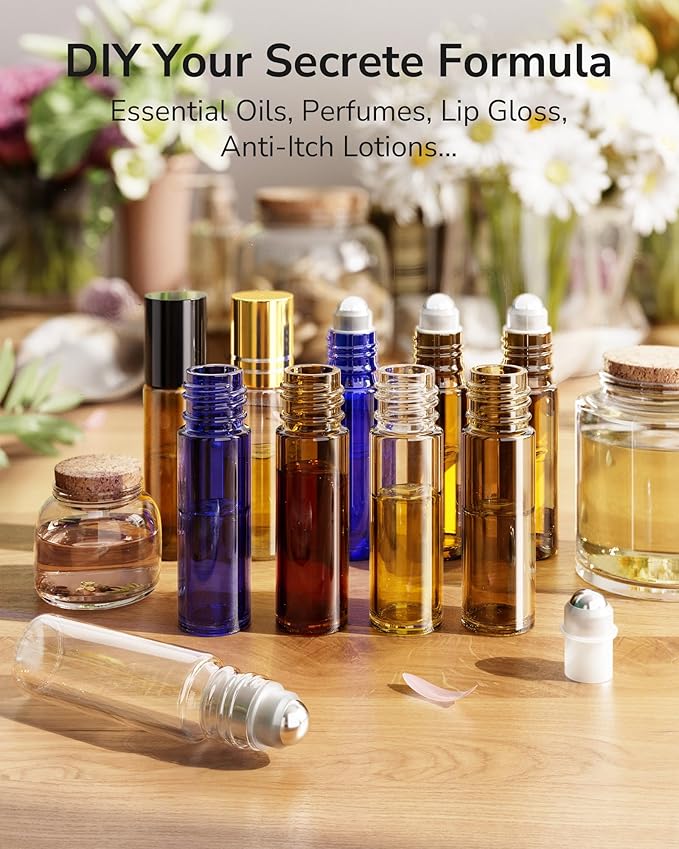 ULG 4/8/12-Pack Essential Oil Roller Bottles 10ml, Empty Bottles with Stainless Steel Roller Balls and Waterproof Labels, Roller Balls For Essential Oils