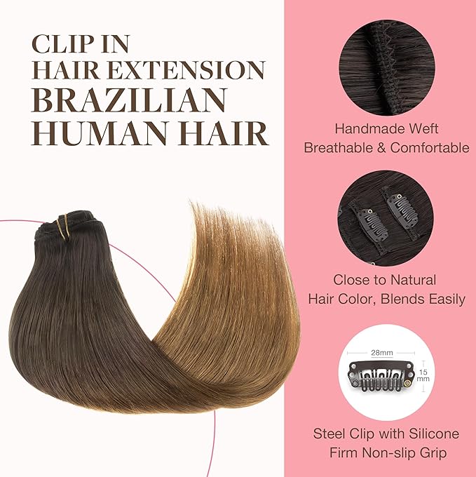 GOO GOO Clip in Hair Extensions Real Human Hair, Remy Human Hair Extensions Clip ins for Women, Natural Human Hair, 20inch 120g 7Pcs, 1D/2C/4E Chocolate Dip Color Melt