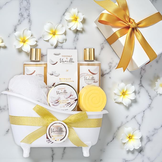 Christmas Gifts for Women and Men - 8-Piece Luxury Coconut Vanilla Bath & Body Gift Set for Women Self Care Kit Spa Gift Baskets | Perfect Gifts for Mom, Birthday Gifts, All Occasion Holiday Present
