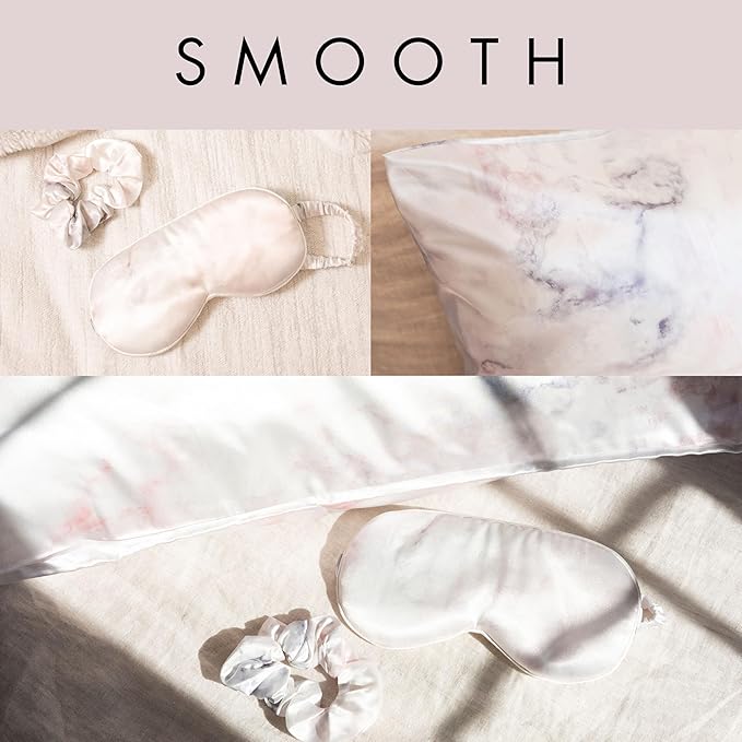 Satin Pillowcase Gift Set for Women – Grey Ivory, Silky Soft, Reduces Frizz | Includes Satin Eye Mask & Scrunchie | for Curly Hair, Sensitive Skin | Gift for Mom, Daughter, Girlfriend