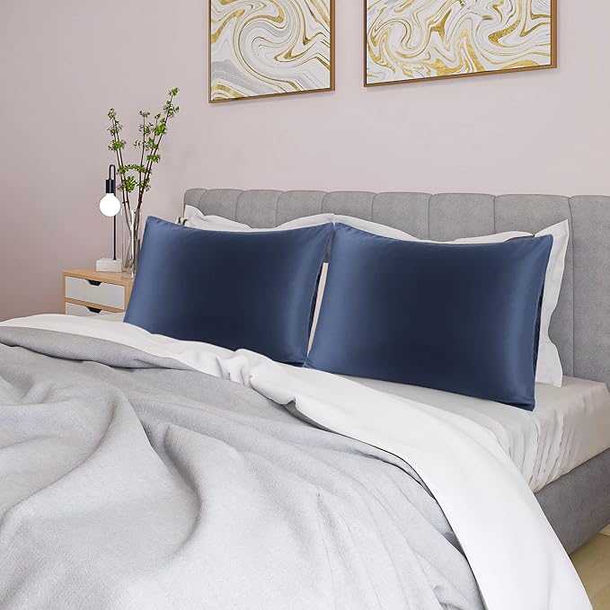 uxcell 2 Pack Silk Satin Pillowcase for Hair and Skin, Cool, Silky, Soft Breathable Pillow Cases Standard Size 20x26 Inch Sateen Pillowcase Navy with Envelope Closure