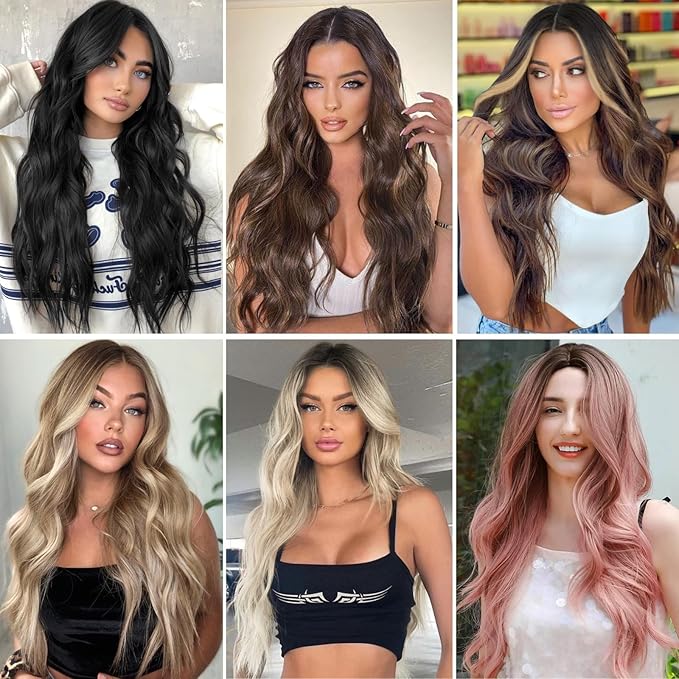 NAYOO Long Wine Red Wavy Wig for Women 26 Inch Middle Part Curly Wavy Wig Natural Looking Synthetic Heat Resistant Fiber for Use (Wine Red)