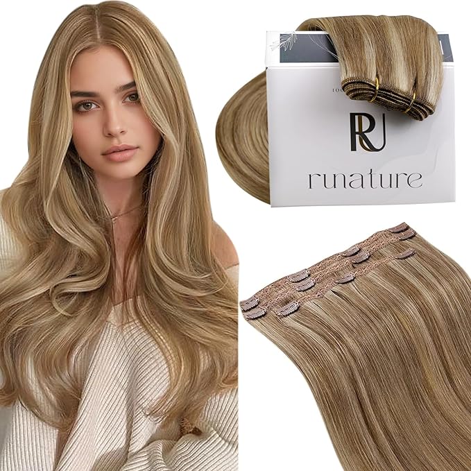 RUNATURE Clip in Hair Remy Human Hair Clip in Extensions 16 Inches Golden Brown with Golden Blonde Highlighted Color 10P16 50g 3pcs Double Weft Clip on Hair Extensions