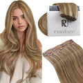 RUNATURE Human Hair Clip in Extensions, 18 Inch Clip in Human Hair Extensions, Real Natural Hair for Women, Add Hair Length, Easy to Apply, 50g 3pcs #10P16 Dark Blonde Highlight Caramel Blonde
