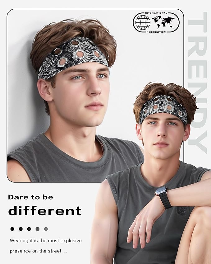 Grommet Headband for Women, Grey Snake 23cm Hollow Out Elastic Hair Band, Eyelets Punk Grunge Stylish Hairband