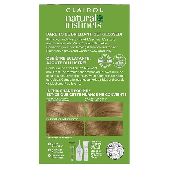 Clairol Natural Instincts Demi-Permanent Hair Dye, 8A Medium Cool Blonde Hair Color, Pack of 1