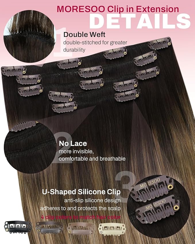 Moresoo 14 inch Clip in Hair Extensions Human Hair Remy Double Weft Human Hair Clip in Extensions Balayage Hair Extensions for Women Ombre Dark Brown to Dark Ash Blonde with Golden Blonde 5pcs 80g