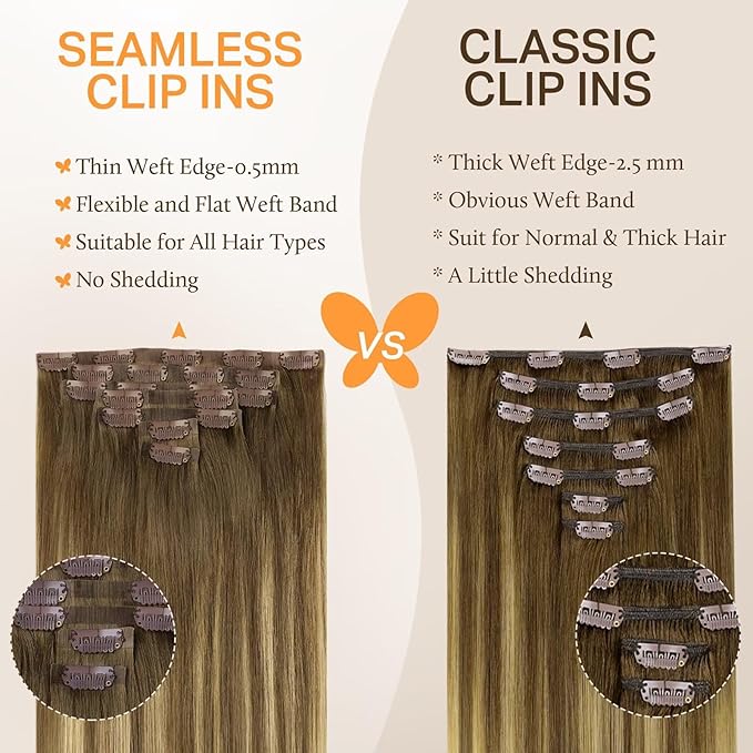 DOORES Seamless Clip in Hair Extensions, Medium Brown Highlighted Dirty Blonde 16 Inch 130g 7pcs, Human Hair Extensions Invisible PU Weft Remy Hair Natural Hair Straight Invisi Edge Hair Extensions