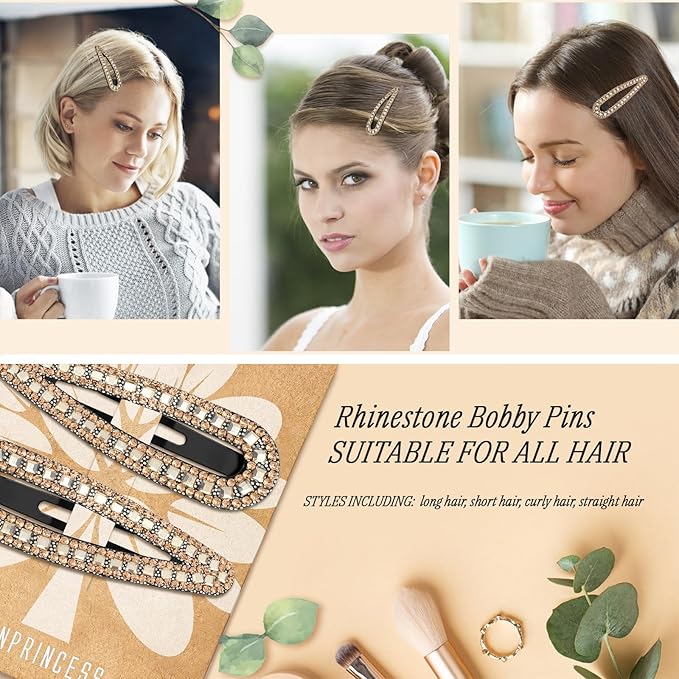 2PCS Rhinestone Hair Clips,Snap Hair Accessories,Decorative Hair Clips,Rhinestone Barrettes For Women Girls(SET15)