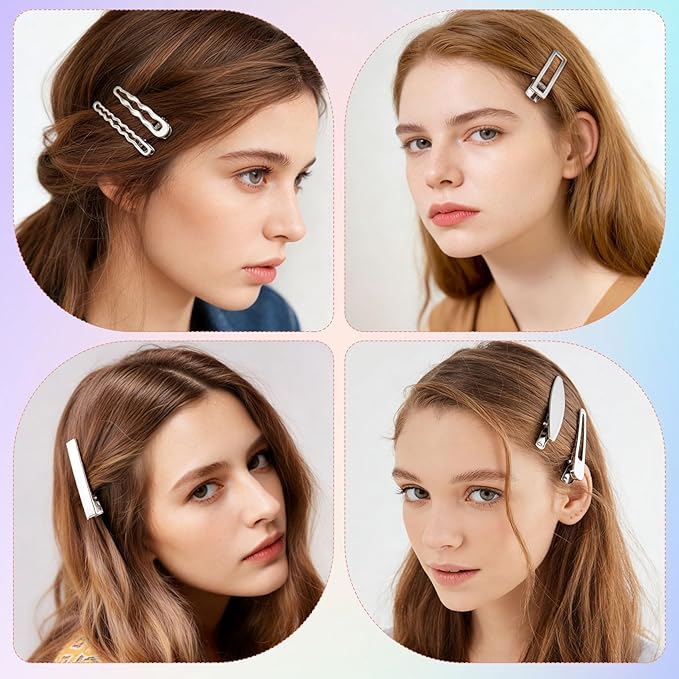 OIIKI 24pcs Silver Y2K Hair Clips, 12 Style Metal Alligator Clips Barrettes for Women, Non-Slip 2000s Star Hairclips Cool Hair Accessories for Thin Thick Straight Curle Hairstyles