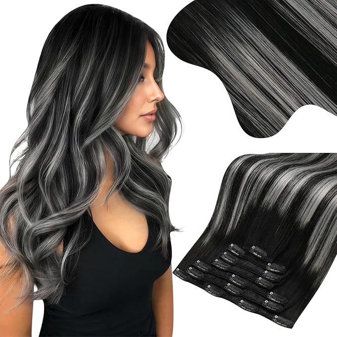 Moresoo Clip on Hair Extensions Balayage Remy Double Weft Human Hair Extensions Clip ins Natural Black to Silver 20inch 150Grams 7pcs