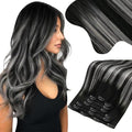Moresoo Clip on Hair Extensions Balayage Remy Double Weft Human Hair Extensions Clip ins Natural Black to Silver 20inch 150Grams 7pcs