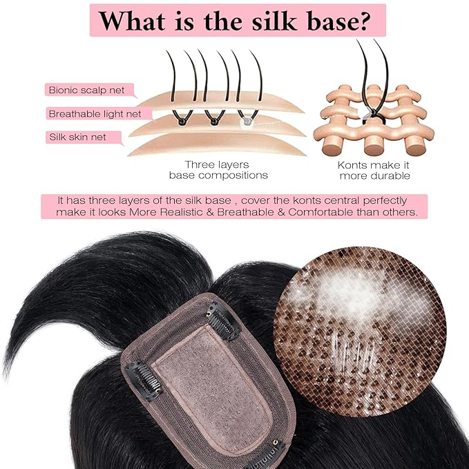 SEGO 100% Real Human Hair Toppers, with Air Bangs, Silk Base 150% Density, Clip in Topper, 2.7”x5.1”, HairPieces for Women, with Thinning/Hair Loss Cover Gray