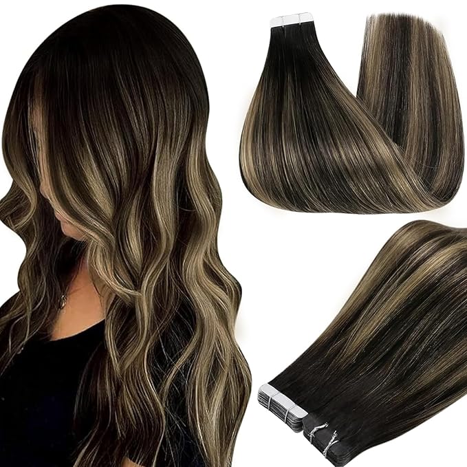 Full Shine Tape in Extensions 22Inch Tape in Hair Extensions Human Hair Color 1B/27/1B Off Black Ombre Honey Blonde Extension Invisible Remy Skin Weft 50G 20Pcs for Women Silky Straight