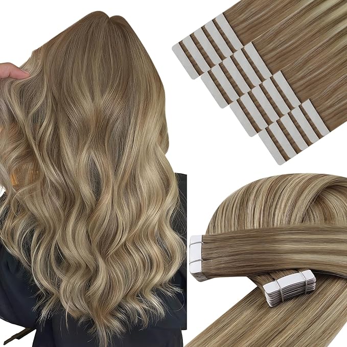 YoungSee Tape in Extensions Human Hair Balayage Brown Hair Extensions Tape in Ombre Light Brown to Blonde Tape-in Hair Extensions Real Human Hair 14 Inch 20pcs 50g for Daily